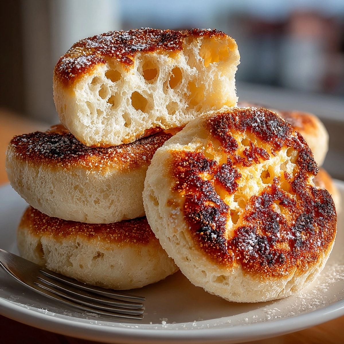 Golden sourdough English muffins, freshly toasted and ready for butter and jam.