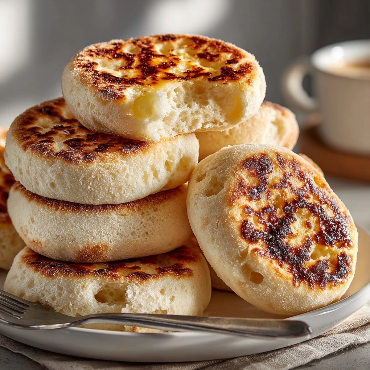 Crisp, craggy exterior of homemade sourdough English muffins, perfect for a satisfying breakfast.