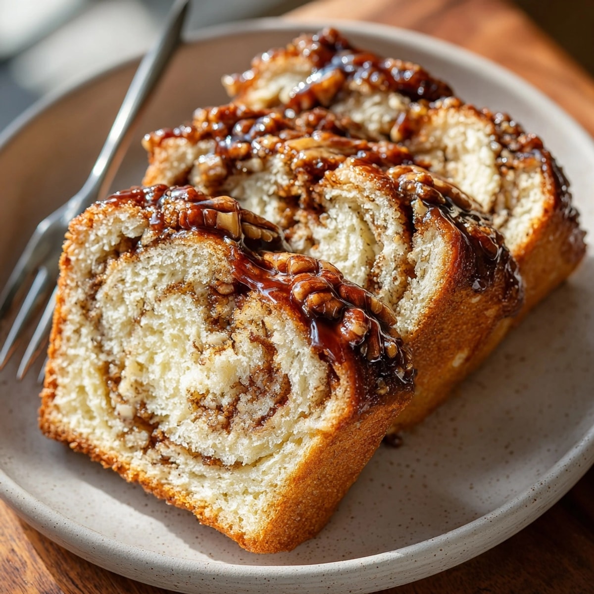 Golden-brown Maple Pecan Babka loaf ready to be cut, showcasing delicious maple swirl.