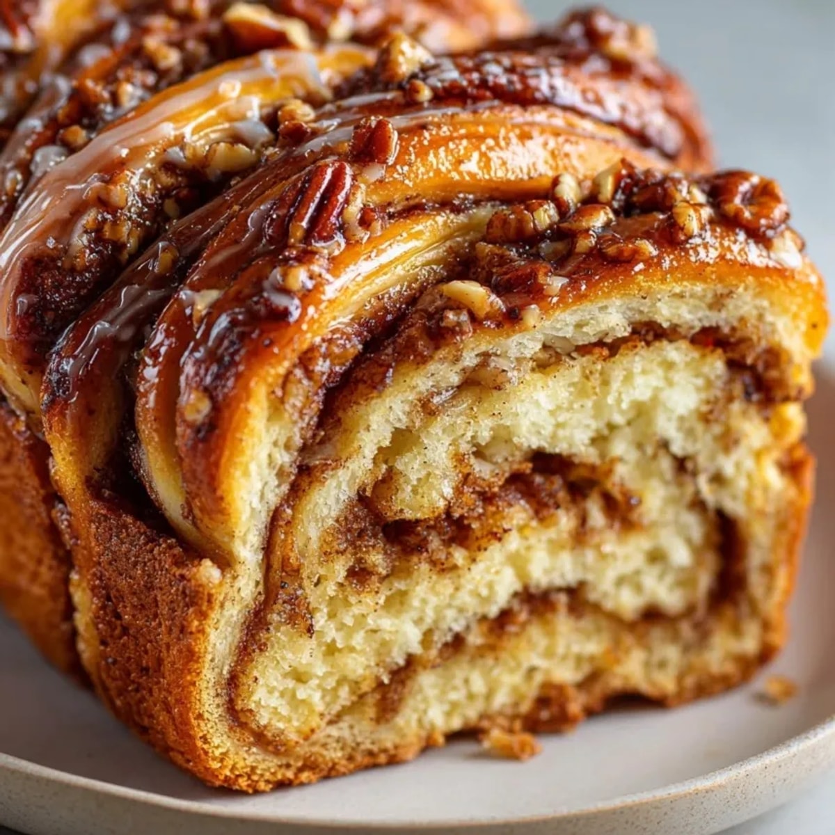 Freshly baked Maple Pecan Babka, textured with crunchy pecans and a sweet maple glaze.