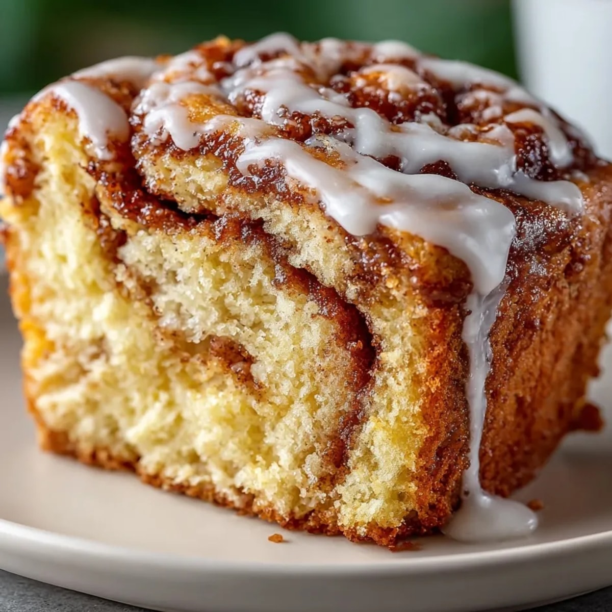 Golden-brown Brown Butter Cinnamon Roll Bread loaf drizzled with sweet, creamy glaze, ready to slice and serve.