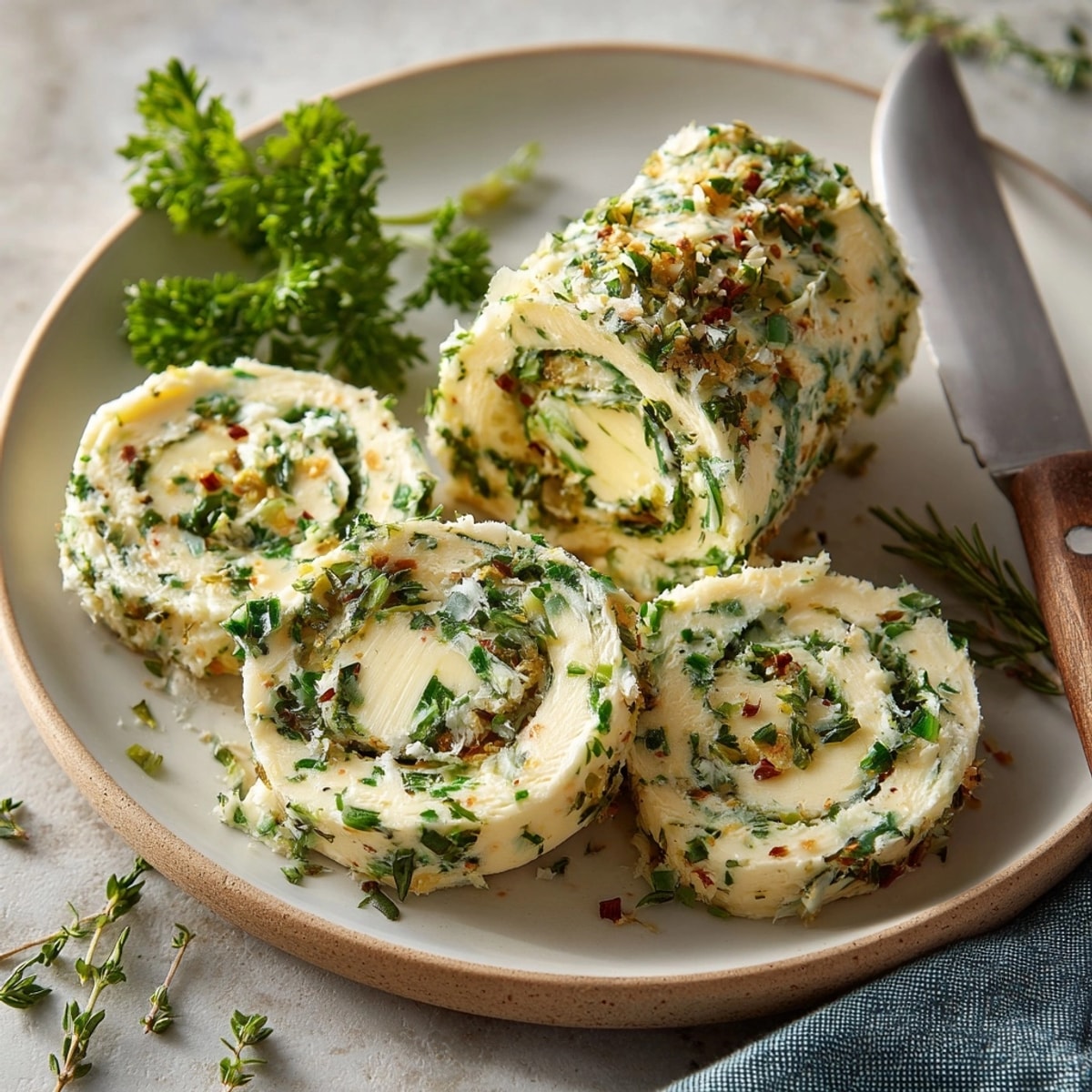 Freshly made, vibrant Garlic Herb Compound Butter with lemon, perfect for topping a steak.