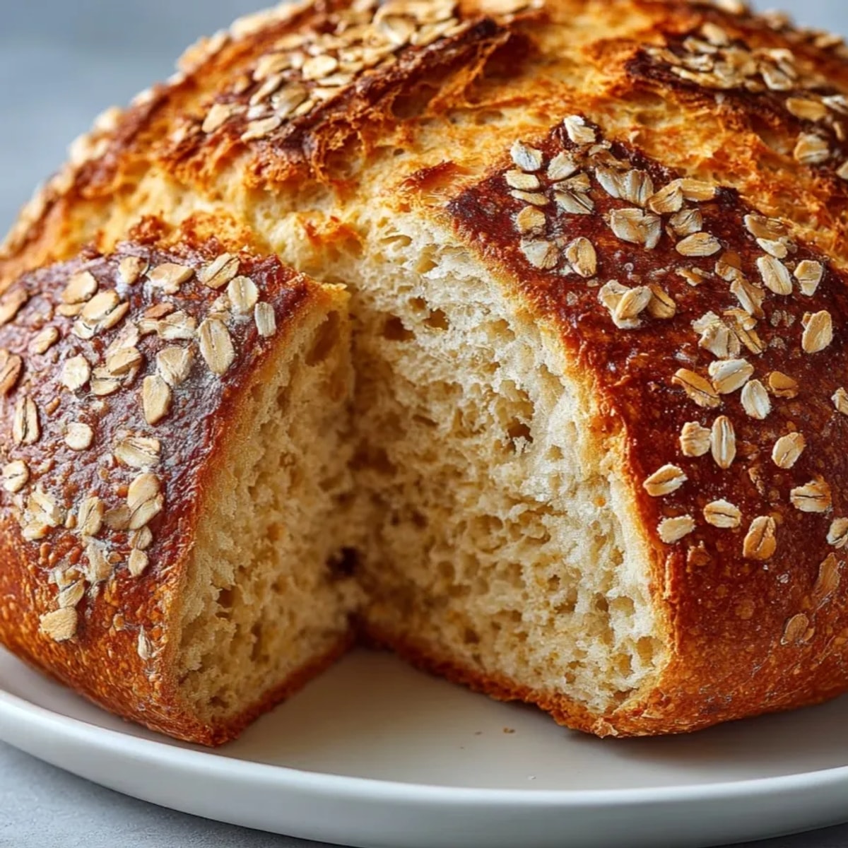 Golden-crusted Honey Oat No-Knead Artisan Bread, boasting a rustic texture and inviting aroma.