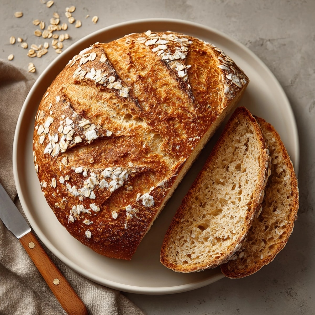 Closeup of a freshly baked Honey Oat No-Knead Artisan Bread, golden brown and sprinkled with oats.