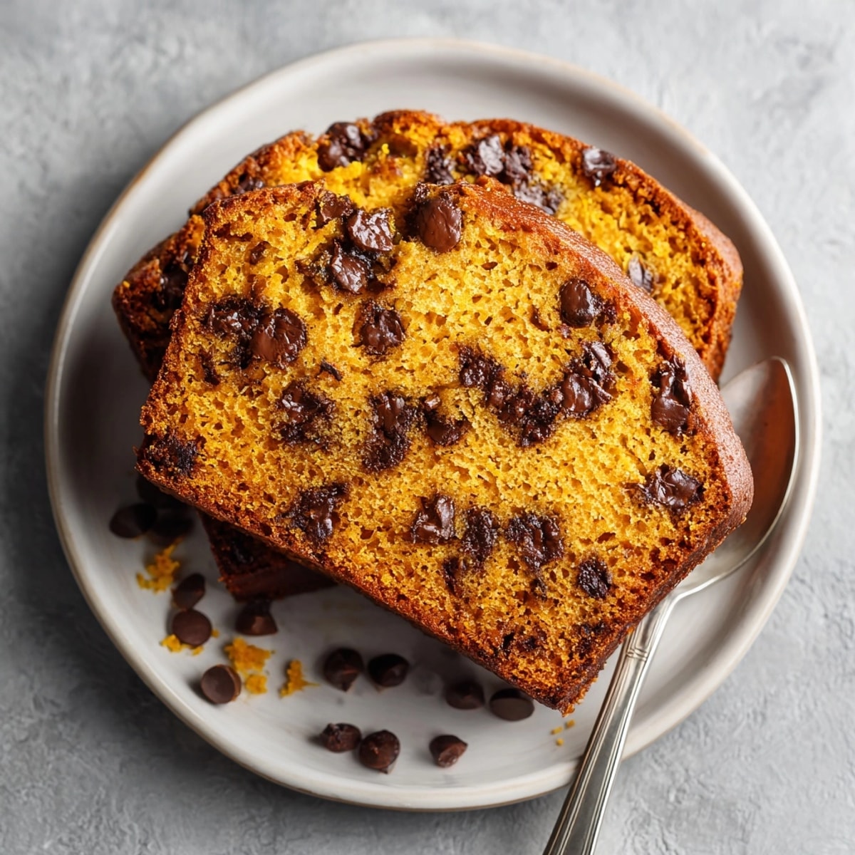Enjoy a slice of moist Pumpkin Chocolate Chip Loaf with a sprinkle of chocolate on top.