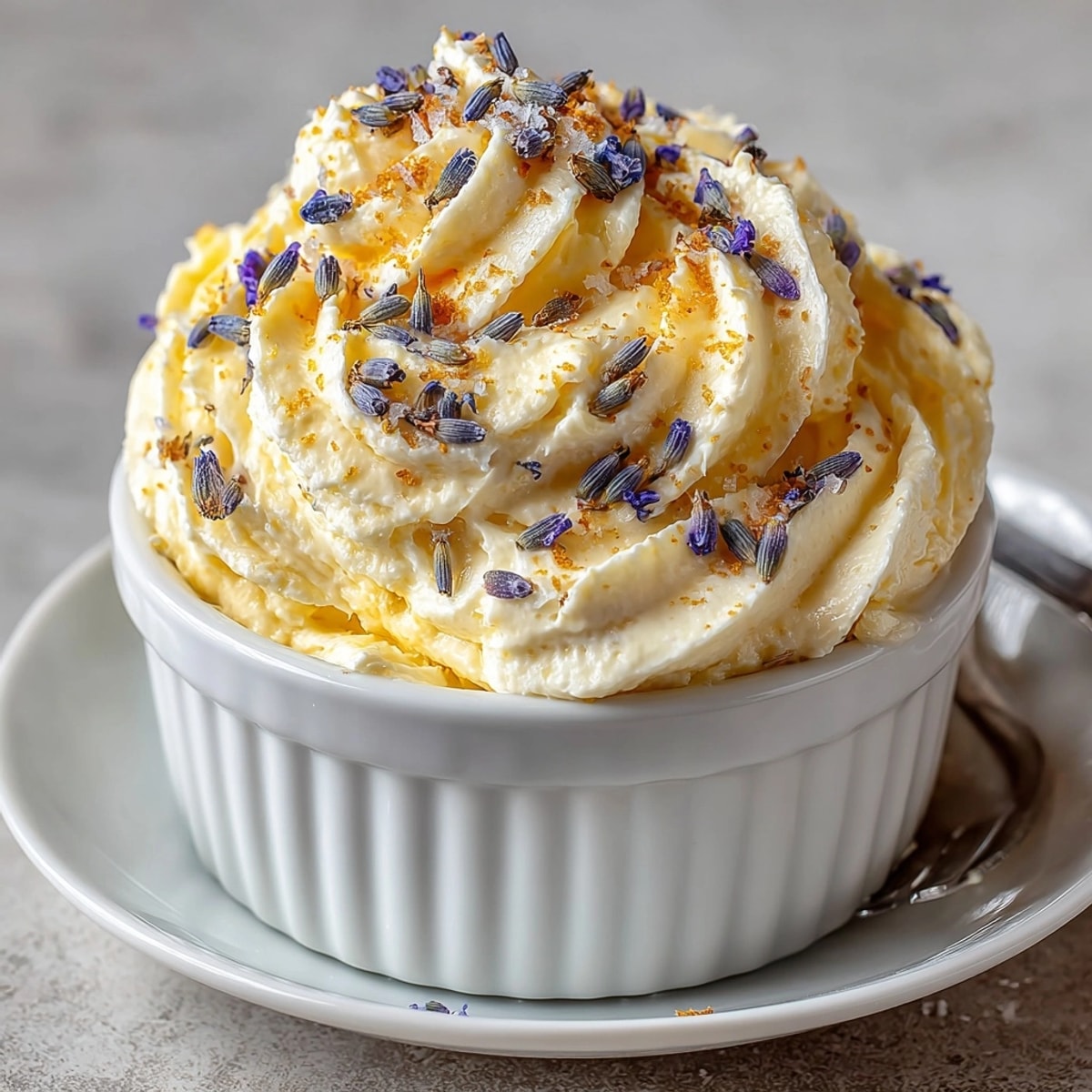 Golden, whipped honey butter with lavender, perfect for spreading on warm homemade biscuits this morning.