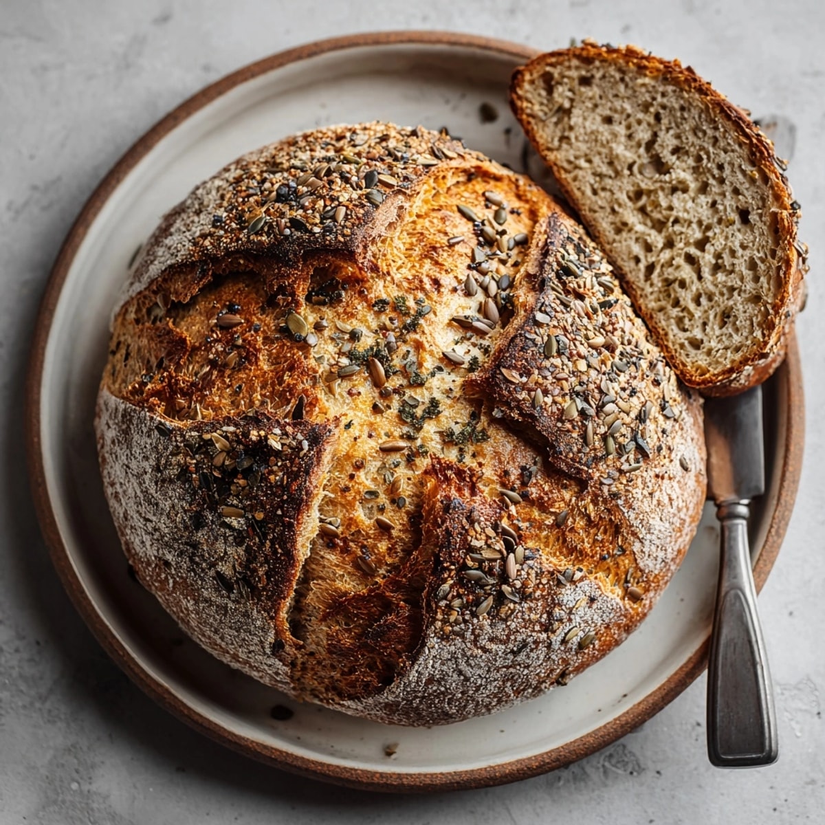 Warm, inviting image: crusty rustic country sourdough with seeds ready to be savored for lunch.