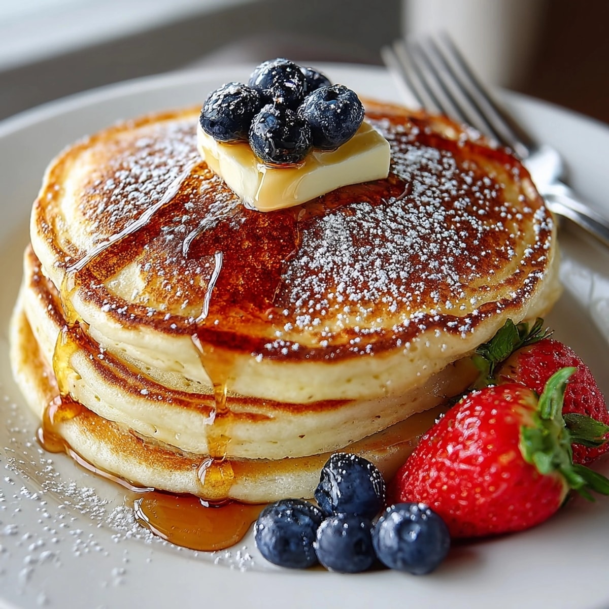 A stack of freshly cooked Classic Buttermilk Pancakes, smelling of vanilla bean, ready to be enjoyed.