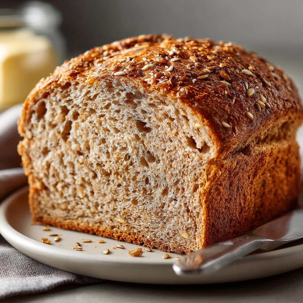 A beautifully sliced loaf of multigrain sandwich bread, showing the rustic texture and whole grains.