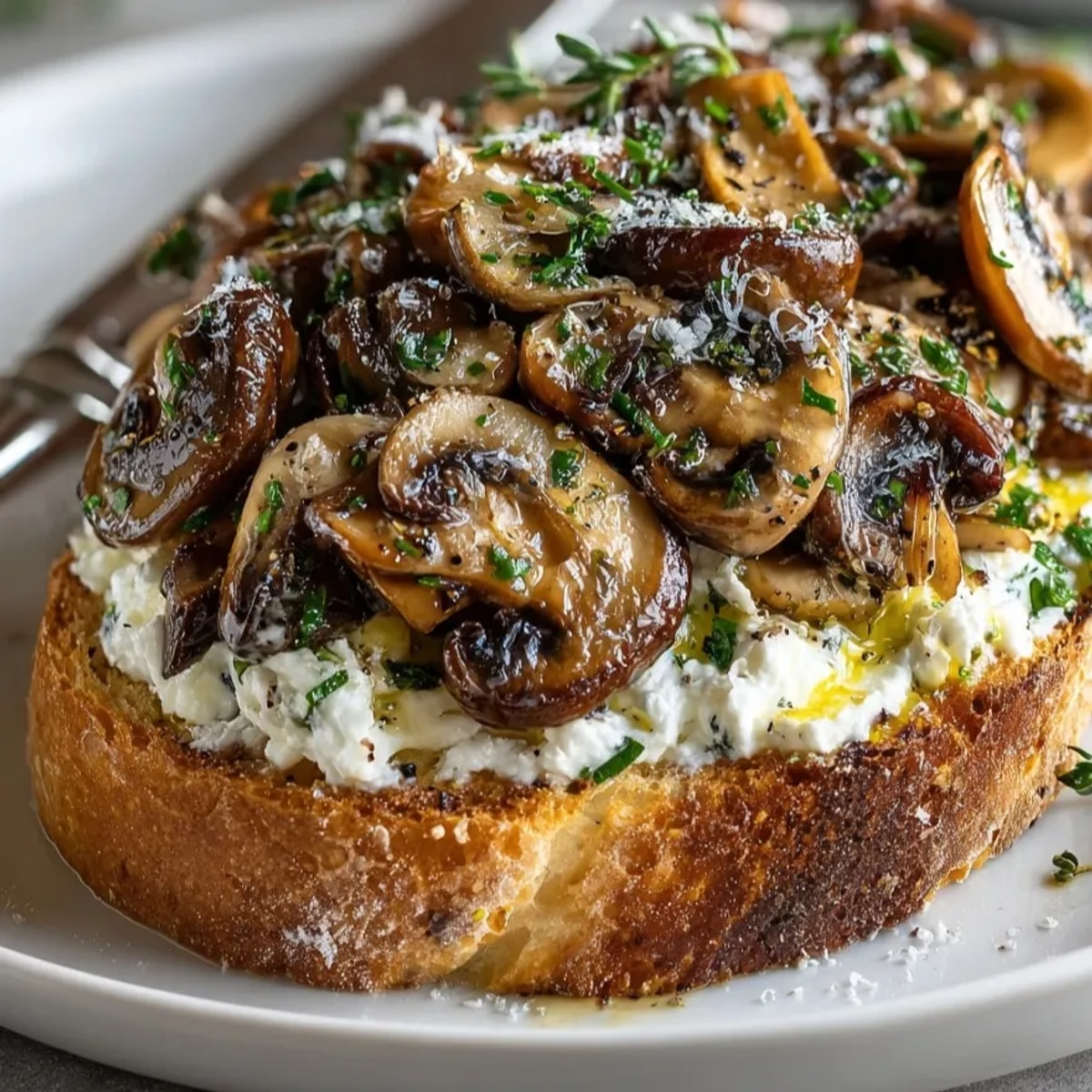 Golden, toasted Mushroom Ricotta Toast with rich truffle oil, ready for a delicious brunch.