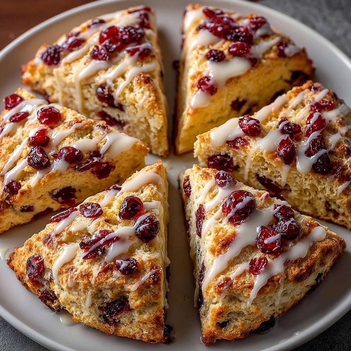 Warm from the oven, several Cranberry Orange Scones are arranged on a plate, perfect for a delicious breakfast bite.