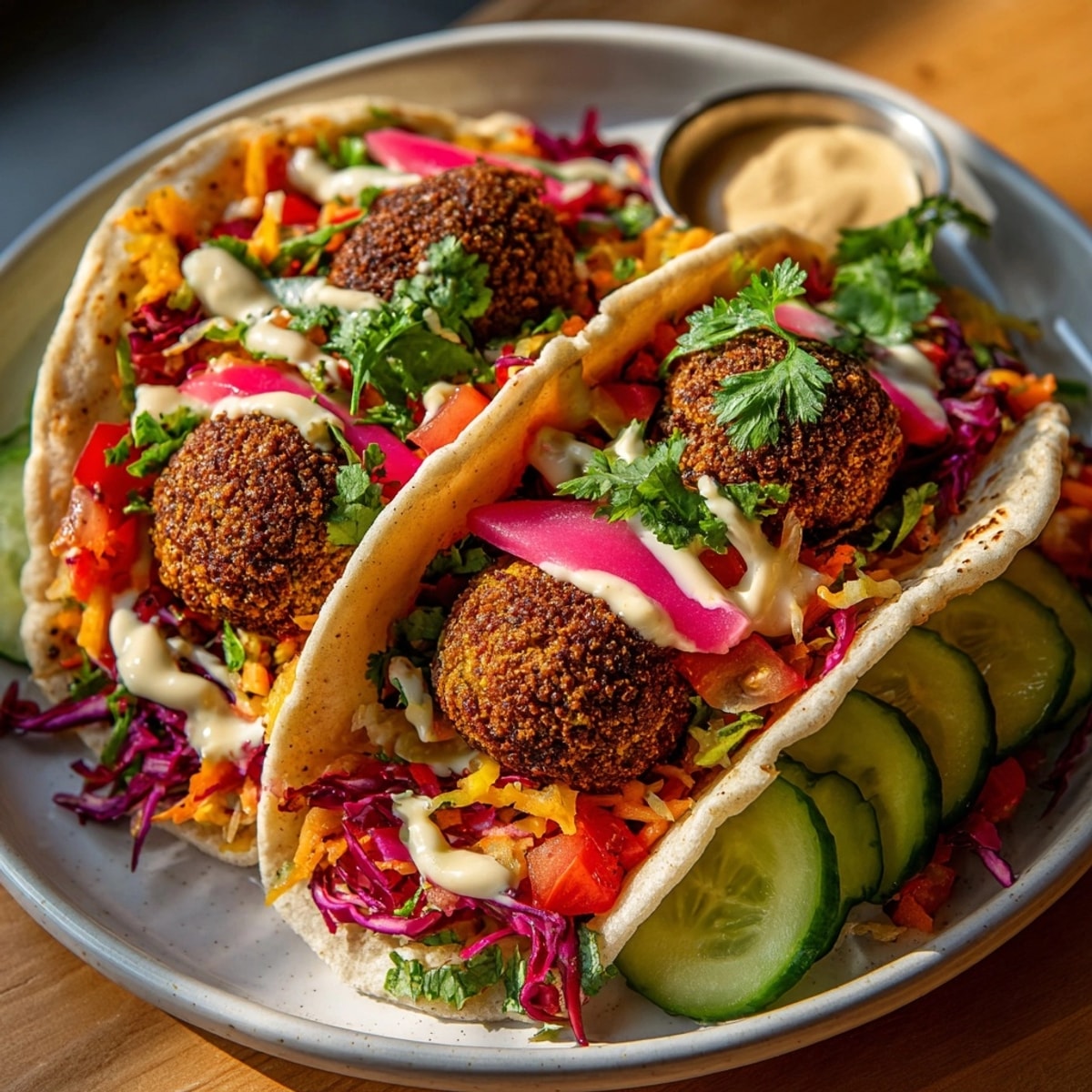A close-up shot showcasing warm tortillas loaded with delicious Global Falafel Street Tacos, drizzled with tahini.