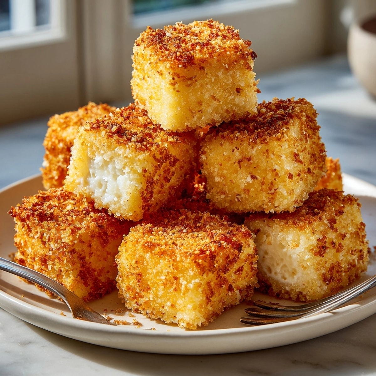 Imagine golden, fried Fried Parmesan Polenta Cubes, ready to be served alongside marinara.