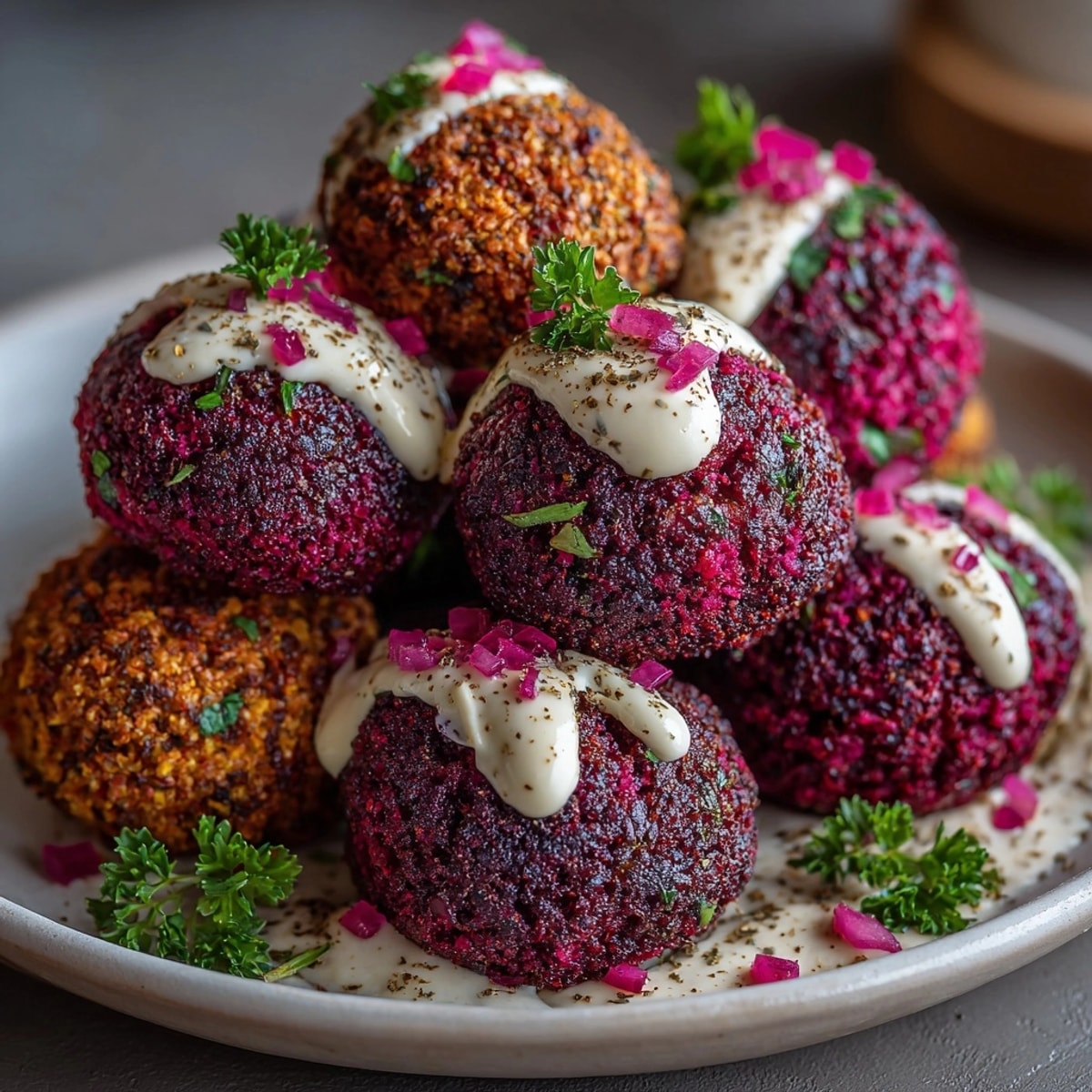 Golden, crispy Dirty Beet Falafel Balls, ready to enjoy with a creamy dipping sauce, or wrapped.