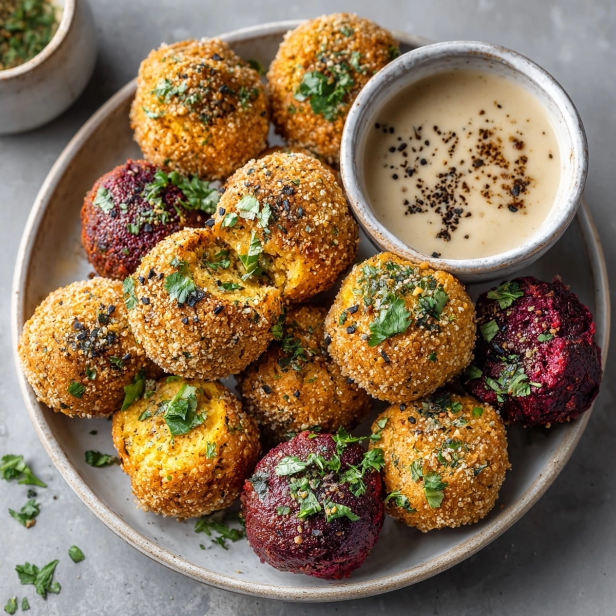 A close-up of delicious, vibrant-red Dirty Beet Falafel Balls, just pulled from the fryer, enticing.