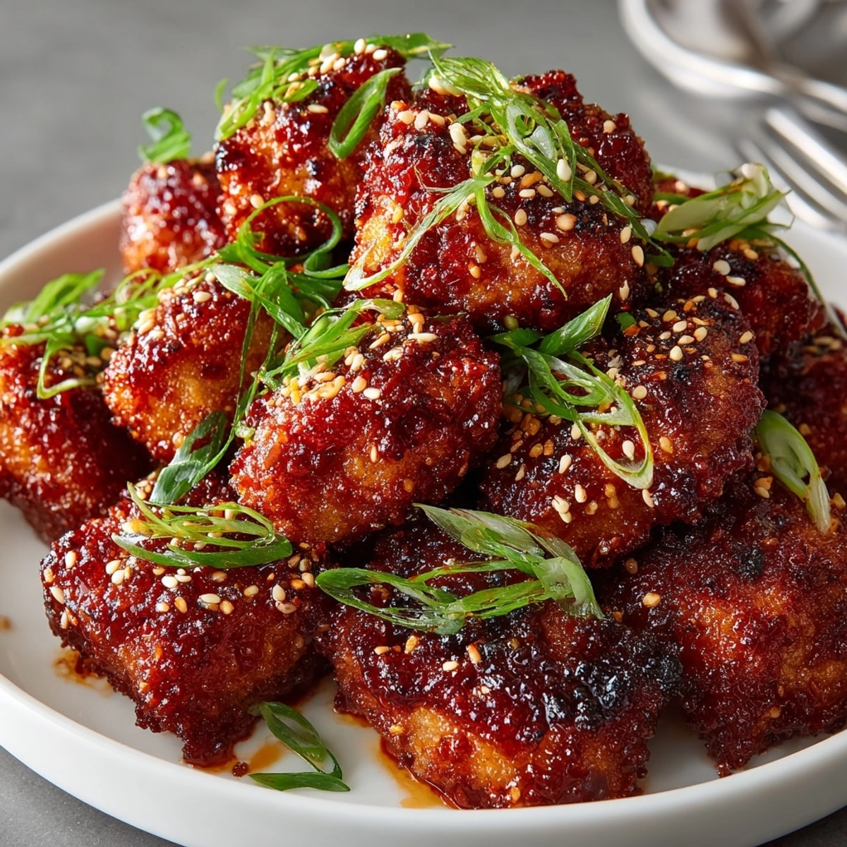 Golden-brown Spicy Korean Chicken Popcorn Nuggets, glistening with a sticky gochujang glaze, ready to eat.