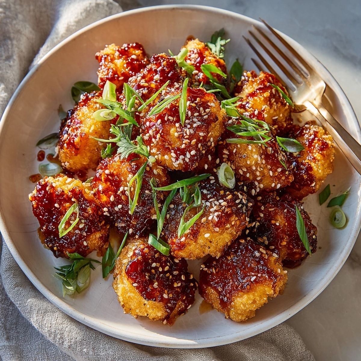 A close-up of the flavorful Spicy Korean Chicken Popcorn Nuggets, garnished with sesame seeds and green onions.
