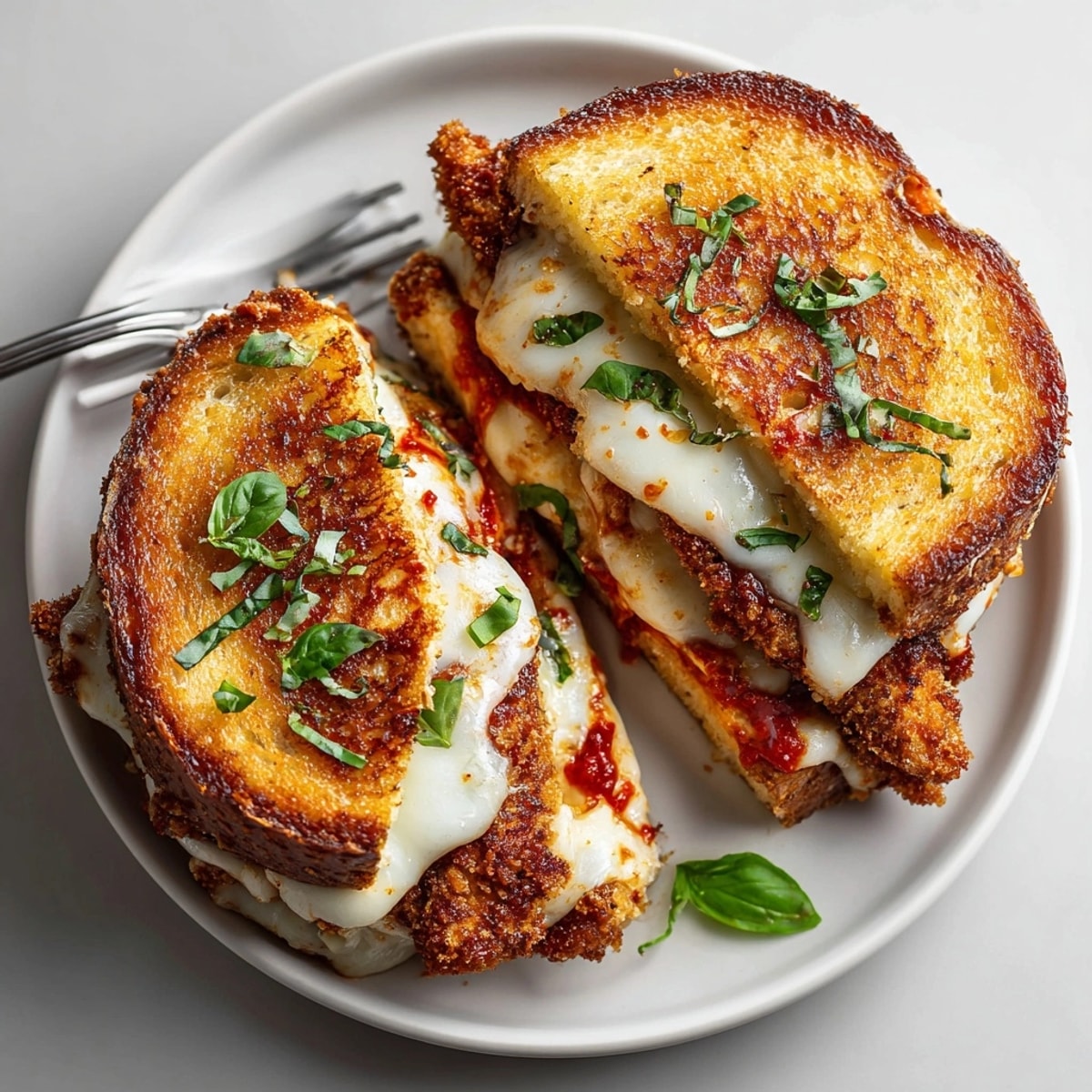 Savory Chicken Parmesan Grilled Cheese, cut in half, showcasing layers of cheesy, saucy deliciousness.