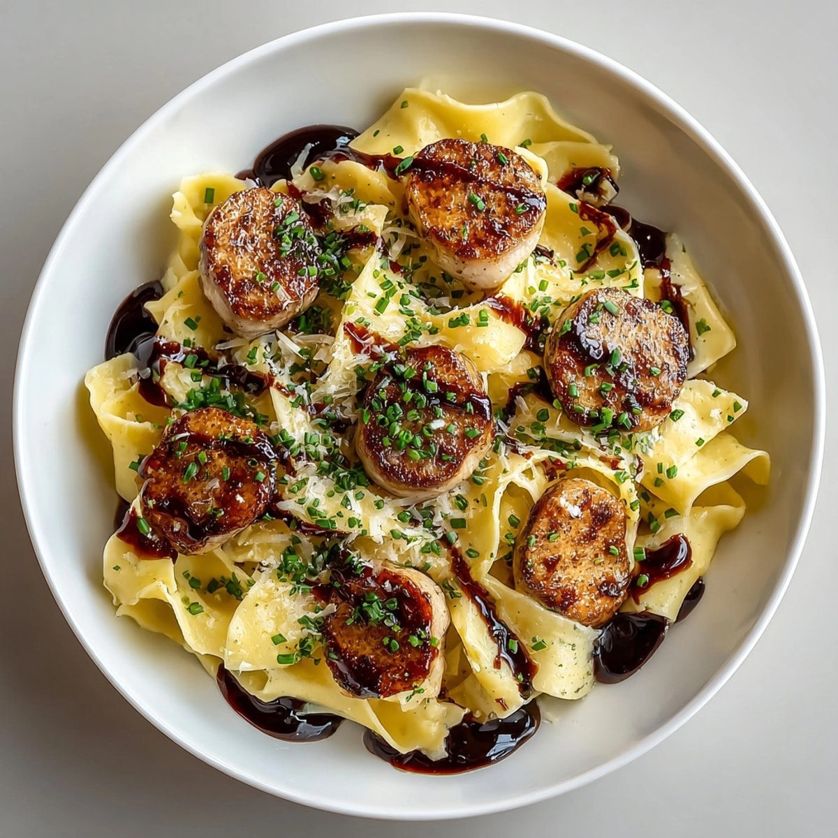 Imagine this: Luxurious foie gras pasta, expertly plated with a velvety dark port wine sauce.