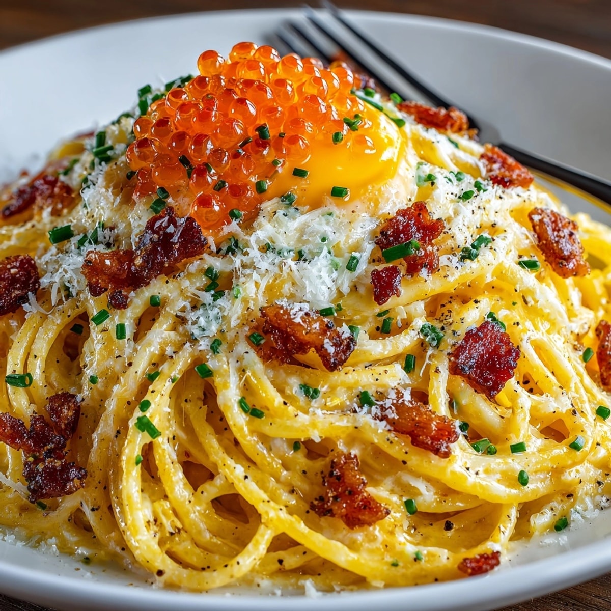 Creamy, luxurious Caviar Carbonara with glistening caviar atop a perfect pasta dish.