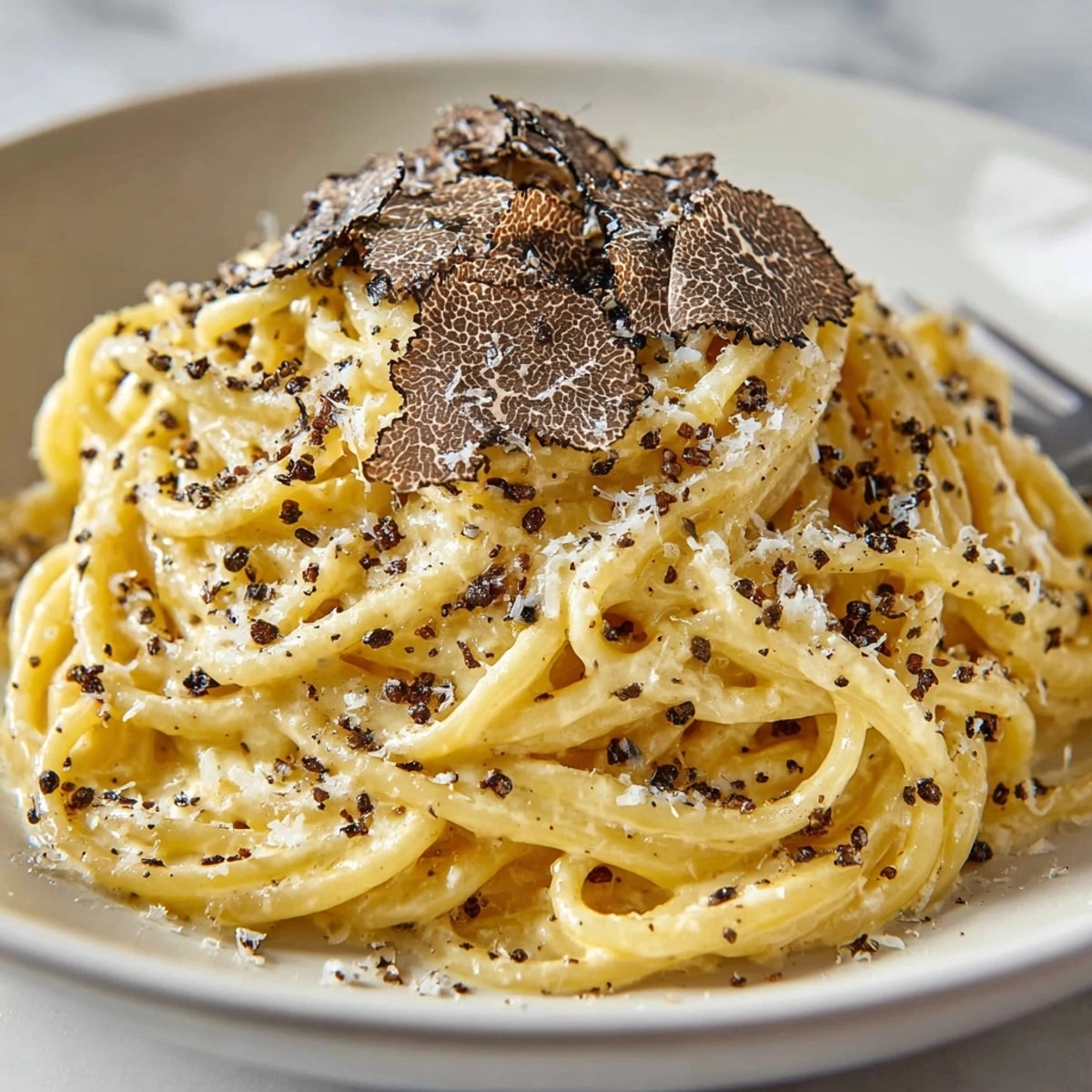 Creamy Cacio e Pepe Plus with black truffle shavings, a delicious Italian pasta dish ready to eat.