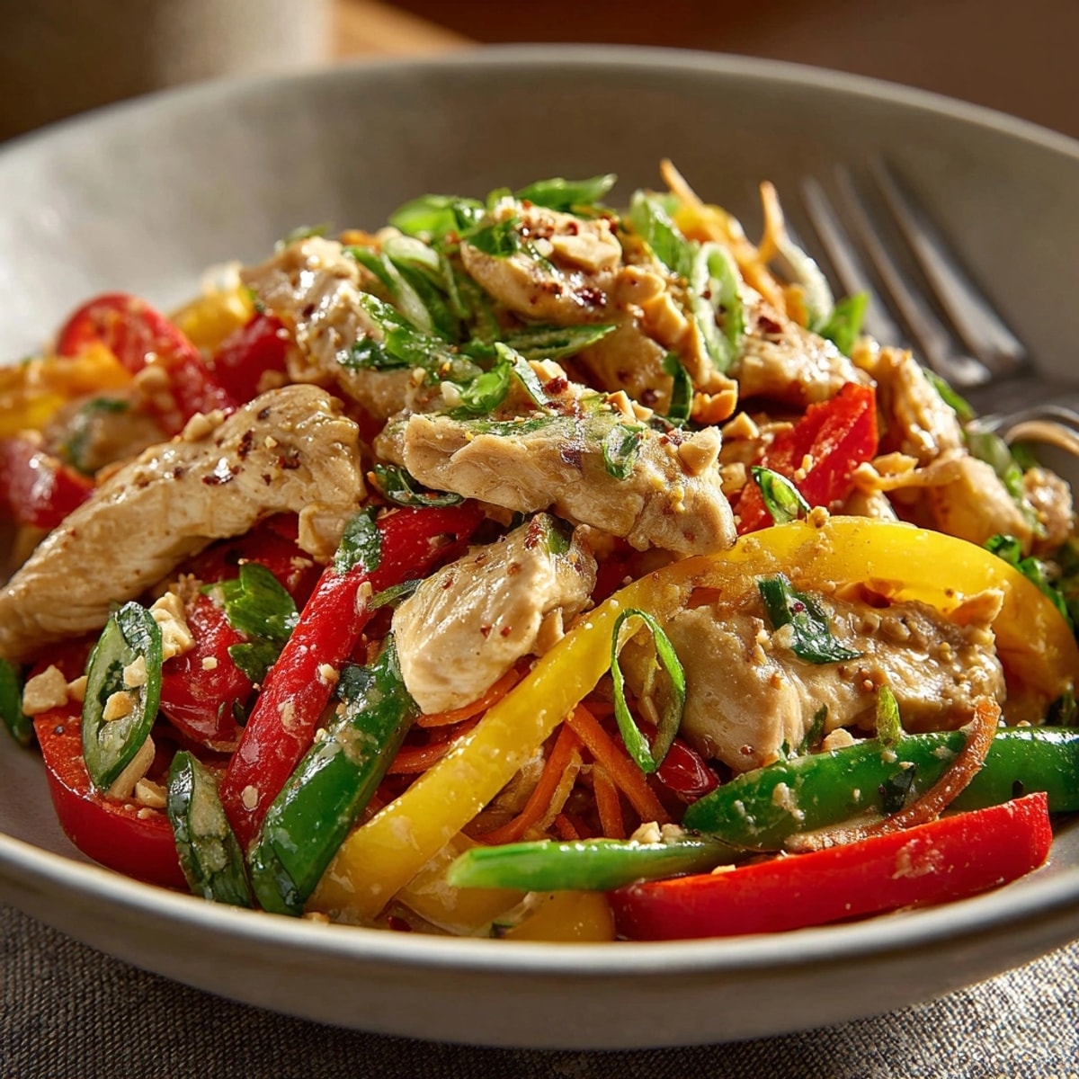 Thai Peanut Chicken Stir-Fry served hot with colorful crisp veggies and creamy peanut sauce drizzle.