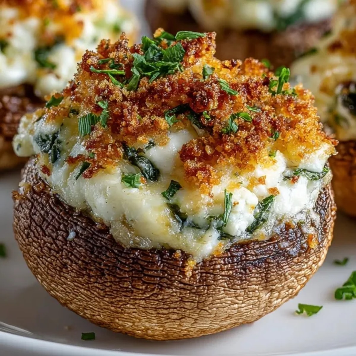 Stuffed cheese mushroom caps arranged on a platter, golden and creamy, ready for guests.
