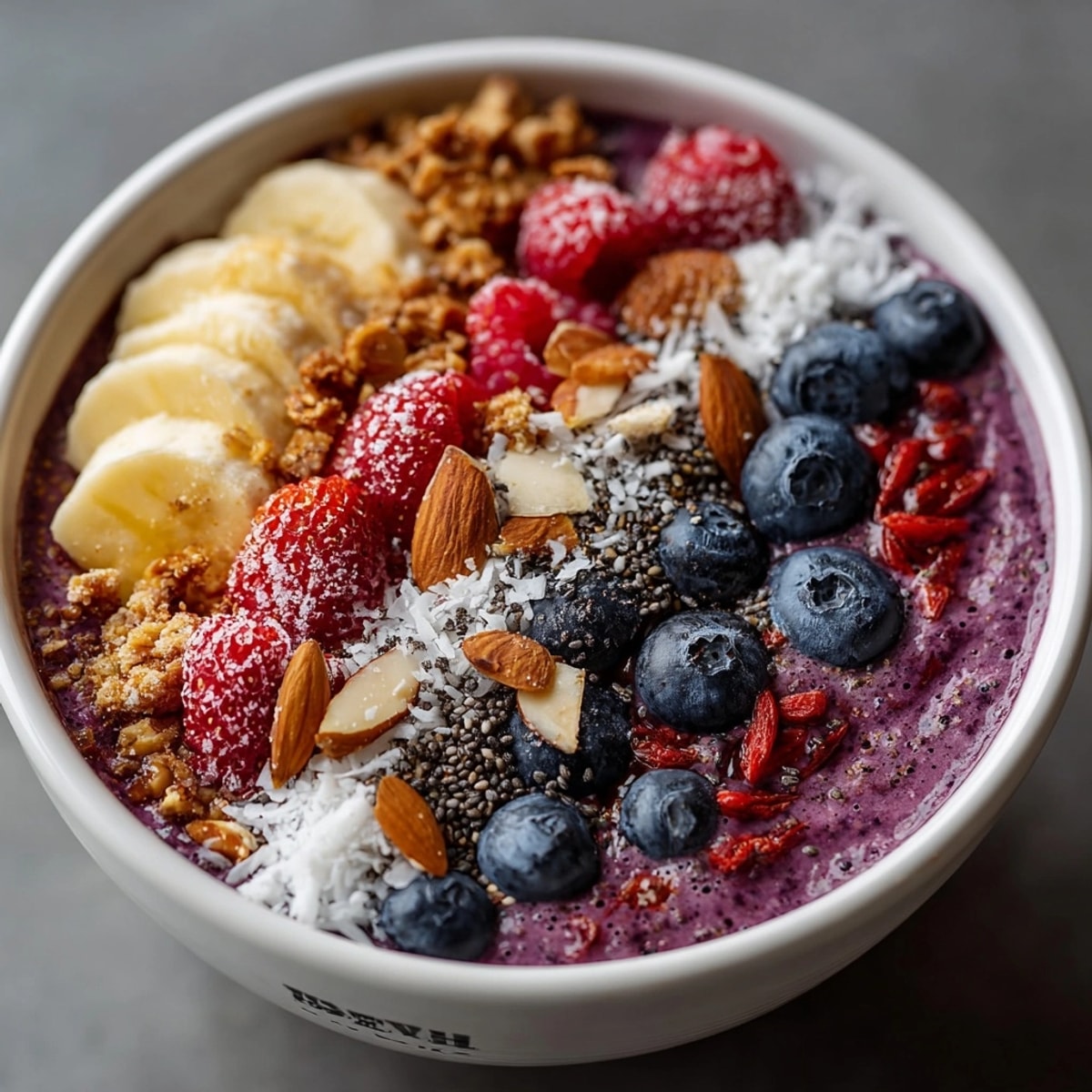 Bright and colorful protein smoothie bowl with berries topped with granola and coconut.