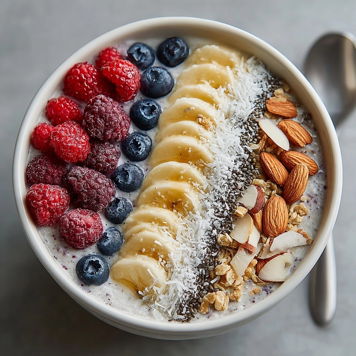 Creamy protein smoothie bowl with berries, almonds, and a drizzle of honey for breakfast.