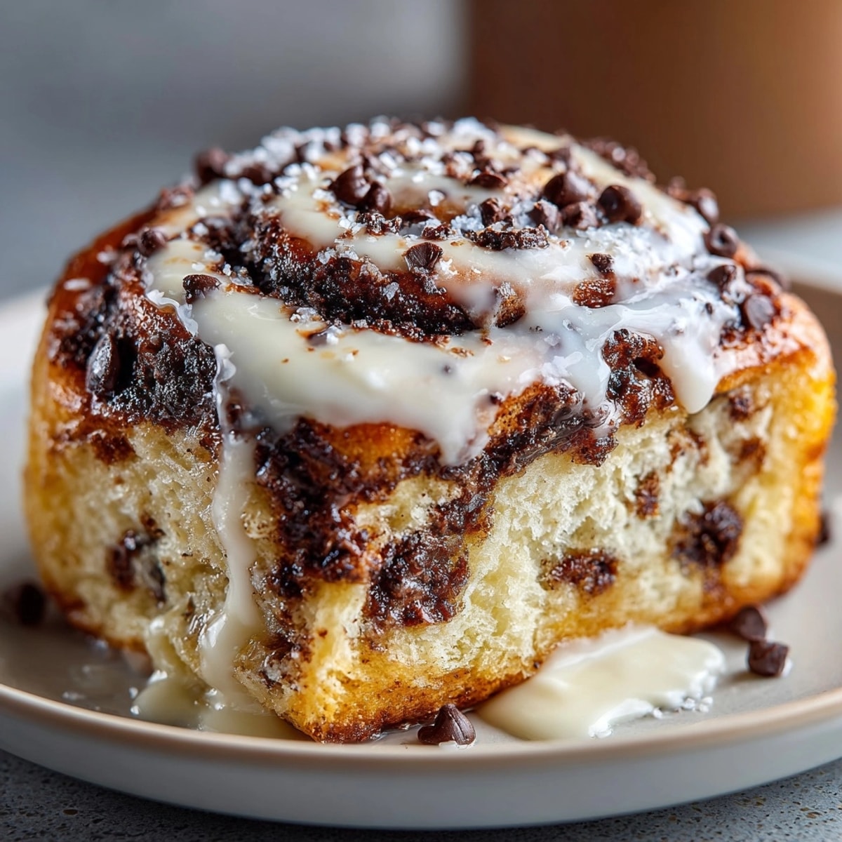 Chocolate cinnamon rolls fresh from the oven, topped with creamy vanilla glaze and melting chocolate.