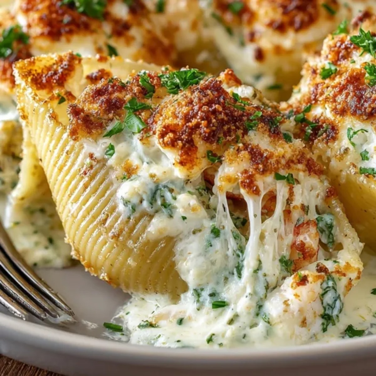 Shrimp Alfredo Stuffed Shells arranged in a baking dish, topped with bubbling golden cheese and parsley.