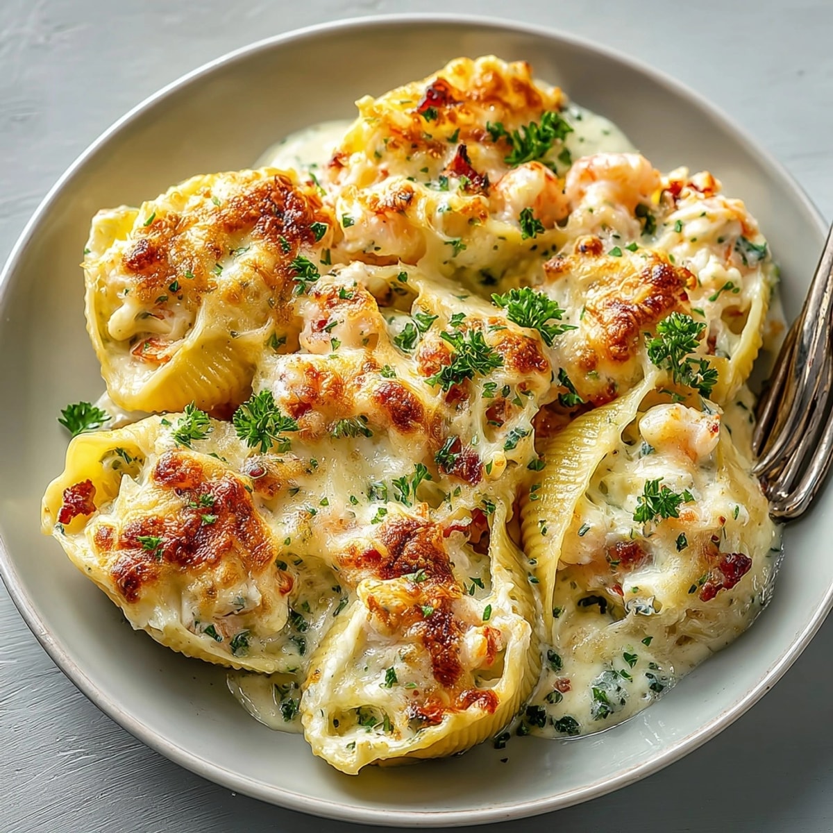 Creamy Shrimp Alfredo Stuffed Shells ready to serve, nestled in rich, homemade Alfredo sauce.