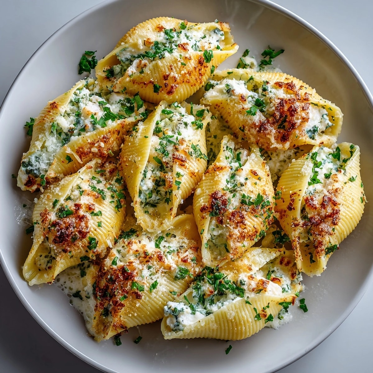 Close-up of Shrimp Alfredo Stuffed Shells with ricotta filling and melted mozzarella, served hot.