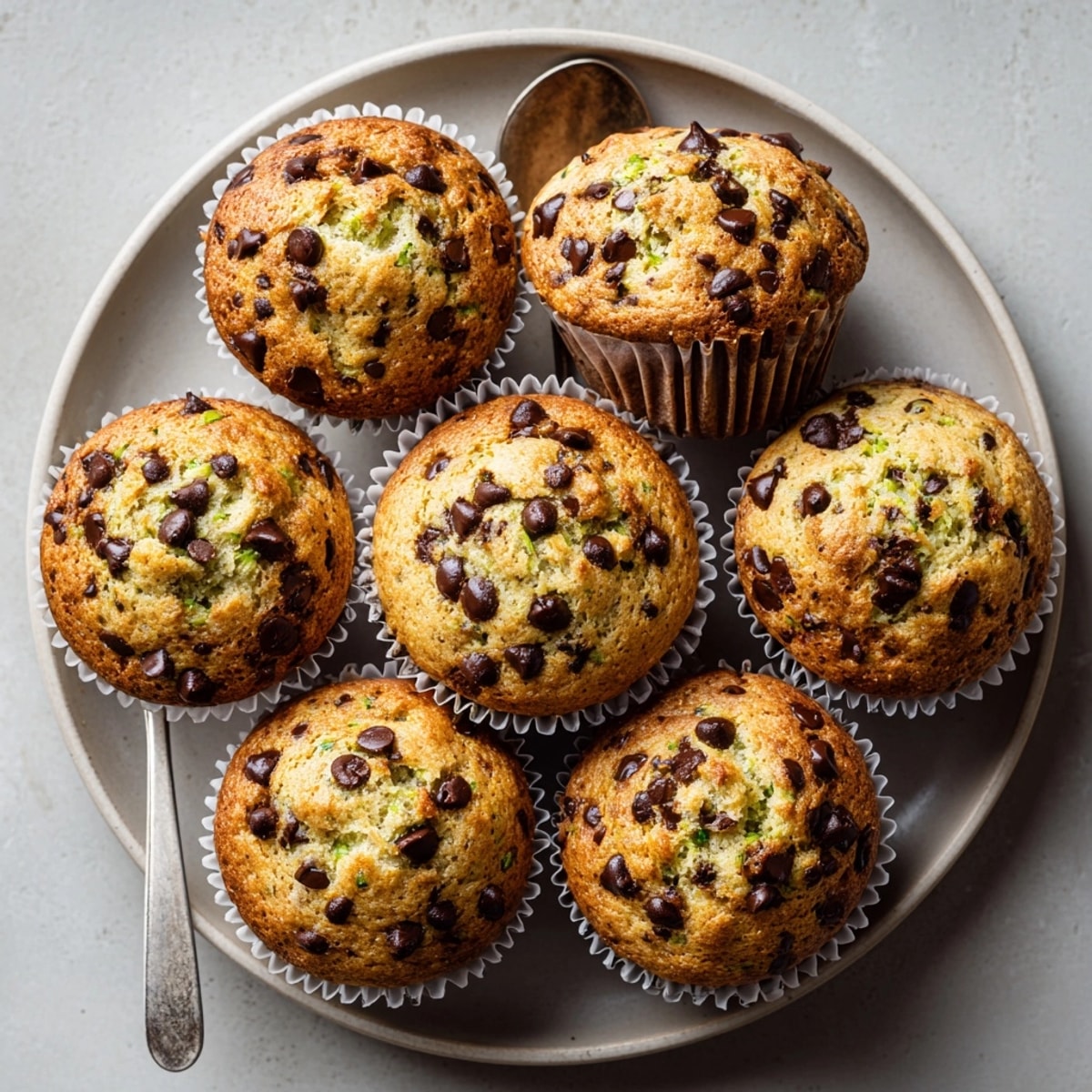 Avocado chocolate chip muffins served on a rustic plate, perfect for breakfast or afternoon snacking.