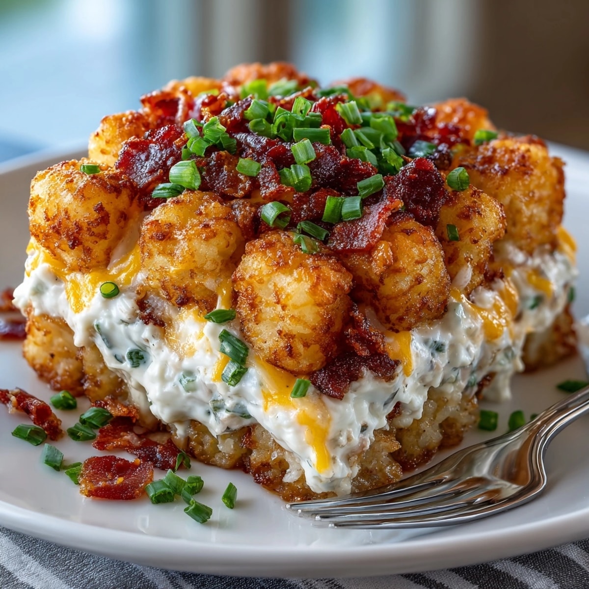 Hearty Chicken Bacon Ranch Tater Tot Casserole served in a skillet with creamy cheese layers