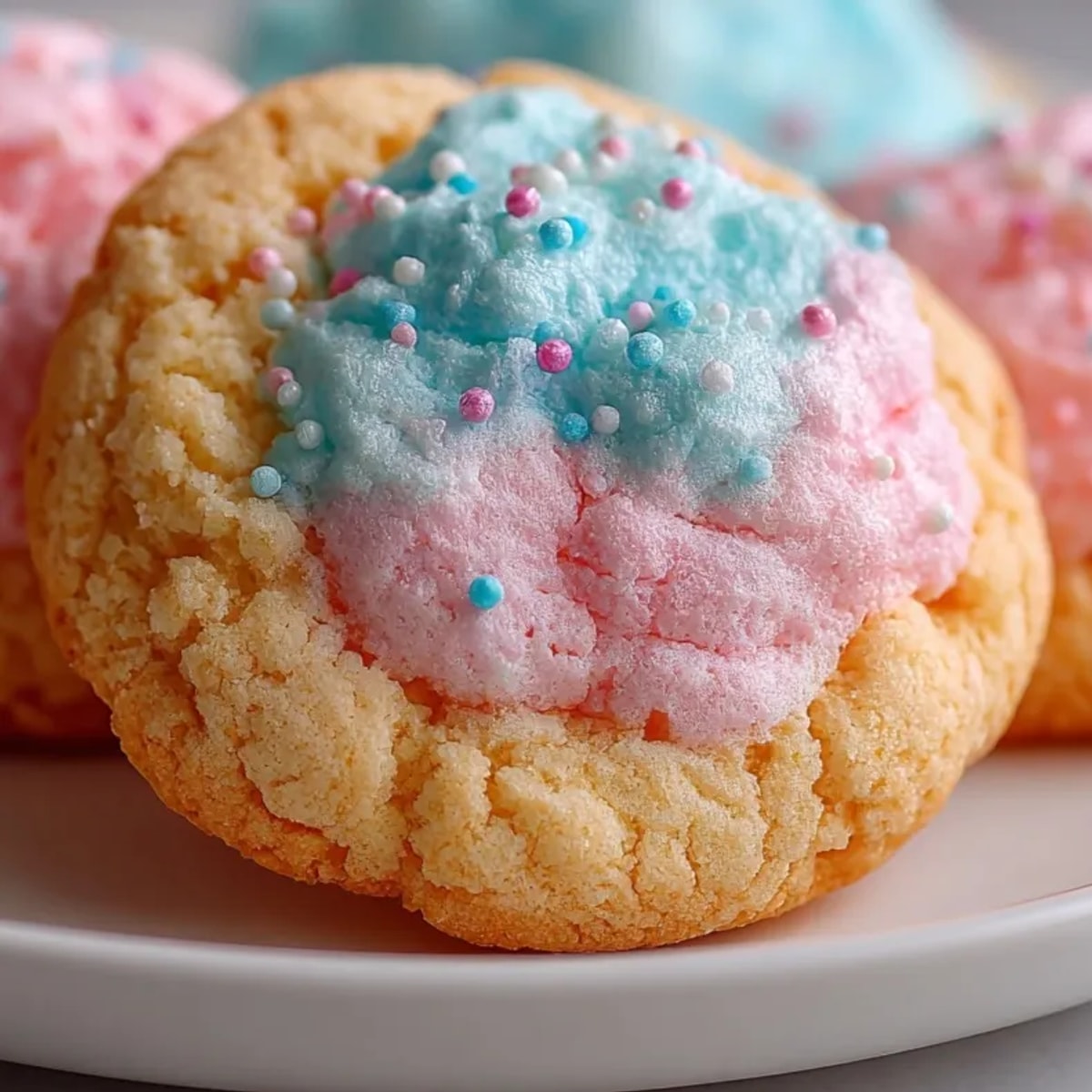 Soft, pastel-hued Cotton Candy Cookies stacked on a plate, ready for a sweet party treat