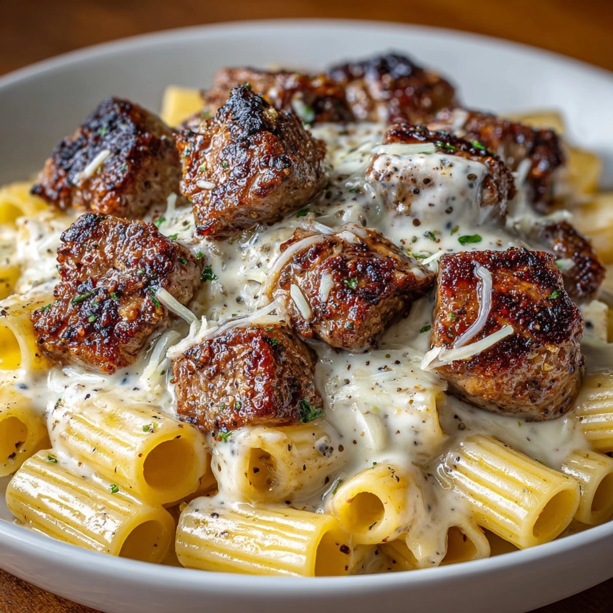 Cajun Steak Tips in Cheesy Rigatoni Parmesan Sauce served hot with melted cheese topping.