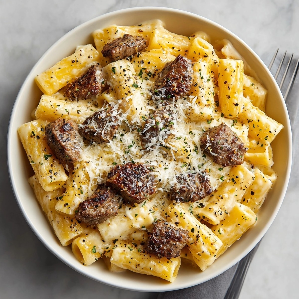 Hearty bowl of Cajun Steak Tips over cheesy rigatoni pasta in rich Parmesan sauce.