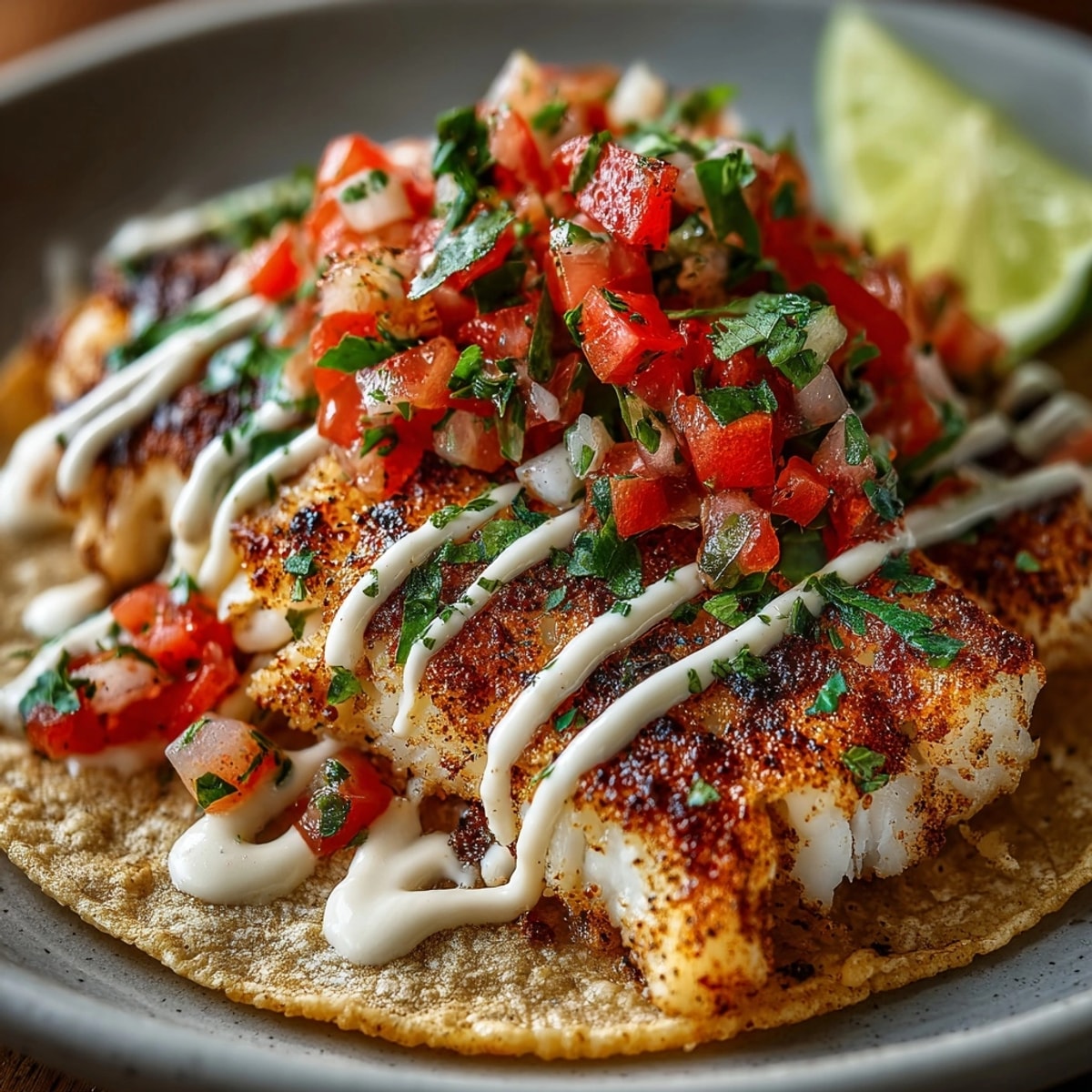 Colorful plate of grilled fish tacos with spicy mayo and pico de gallo, ready to serve