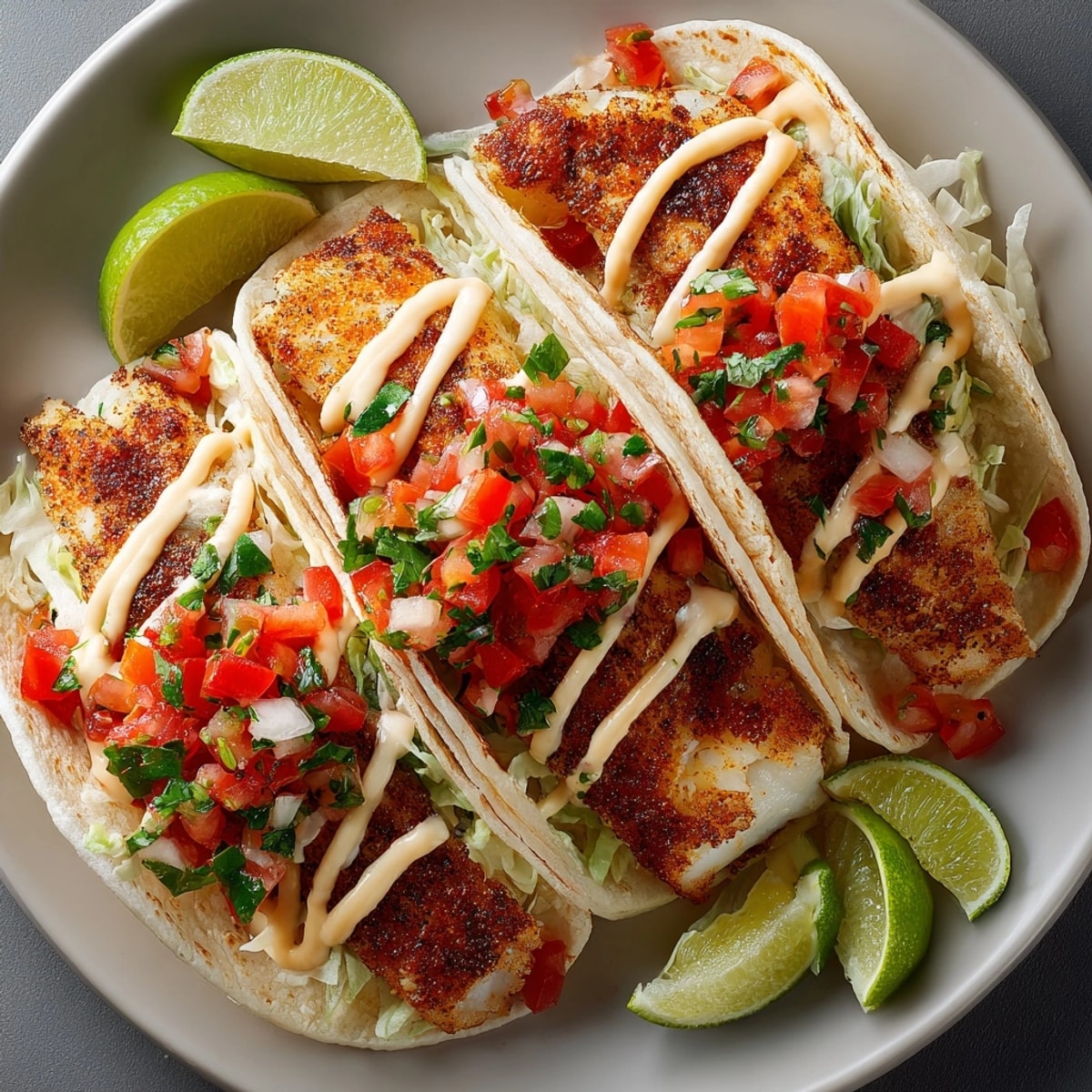 Close-up of grilled fish tacos bursting with spicy mayo drizzle, pico de gallo, and charred tortillas