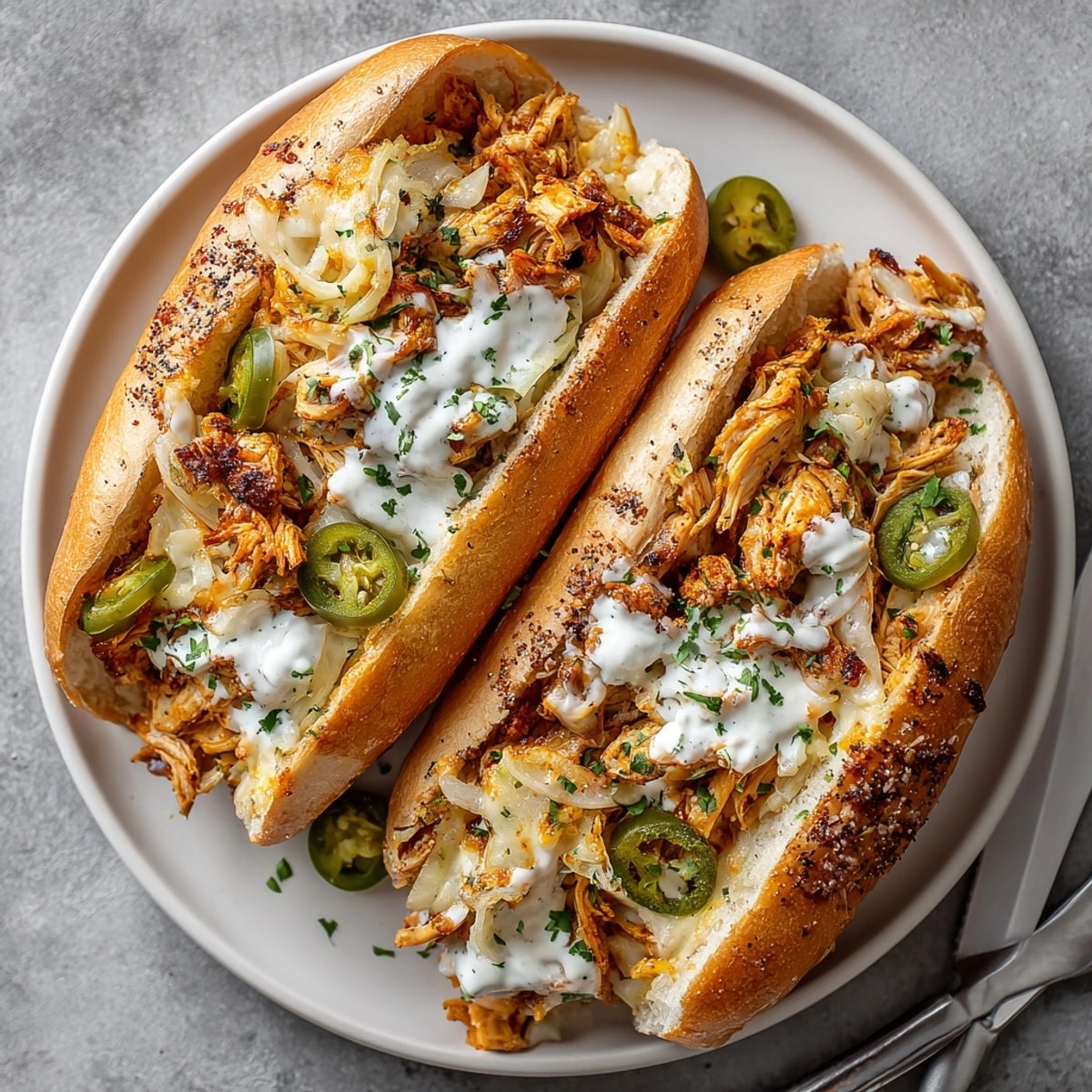 Close-up of Buffalo Chicken Cheesesteak in a toasted hoagie roll, topped with jalapeños and ranch drizzle.