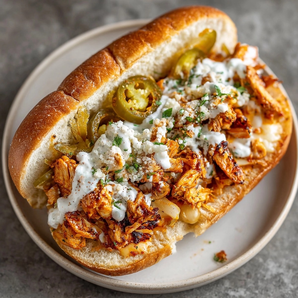 Hearty Buffalo Chicken Cheesesteak served hot, featuring tender chicken and gooey cheese perfect for game day.