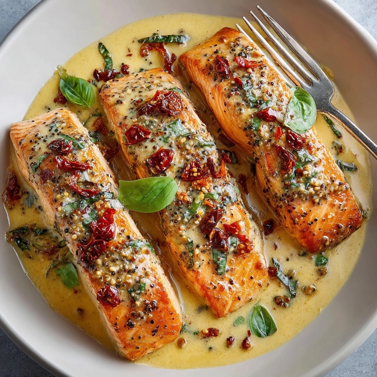 Plated Marry Me Salmon served hot with velvety sauce and a sprinkle of chili flakes and herbs.