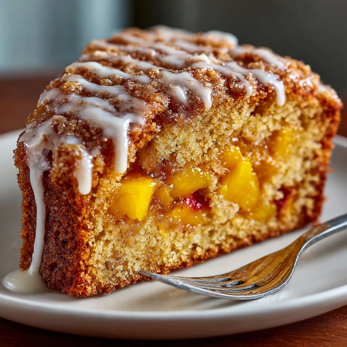 Peach Cobbler Pound Cake sliced on a plate, showcasing tender peaches and golden glaze drizzle.