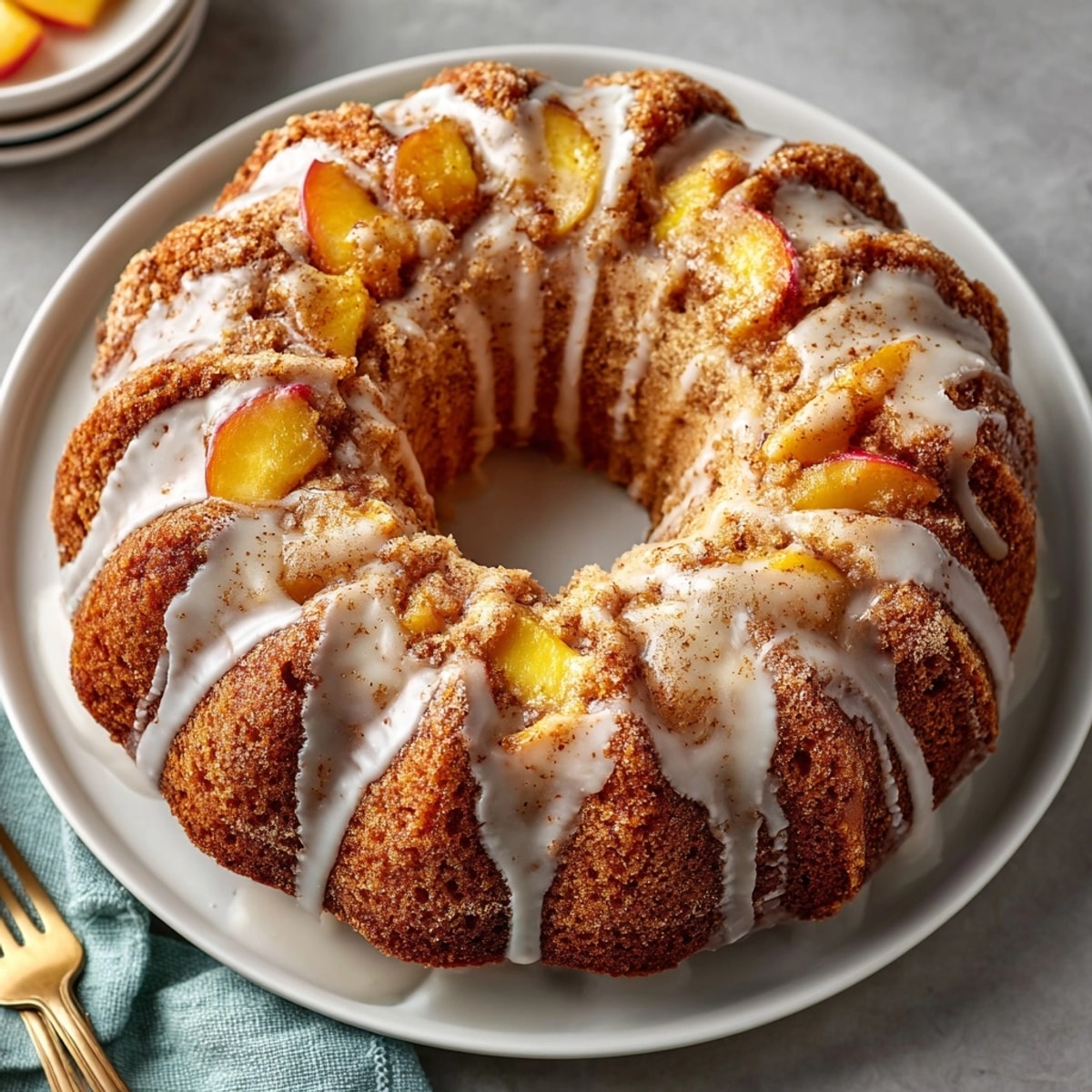 A Peach Cobbler Pound Cake cooled and ready to serve, perfect for Southern-style dessert gatherings.