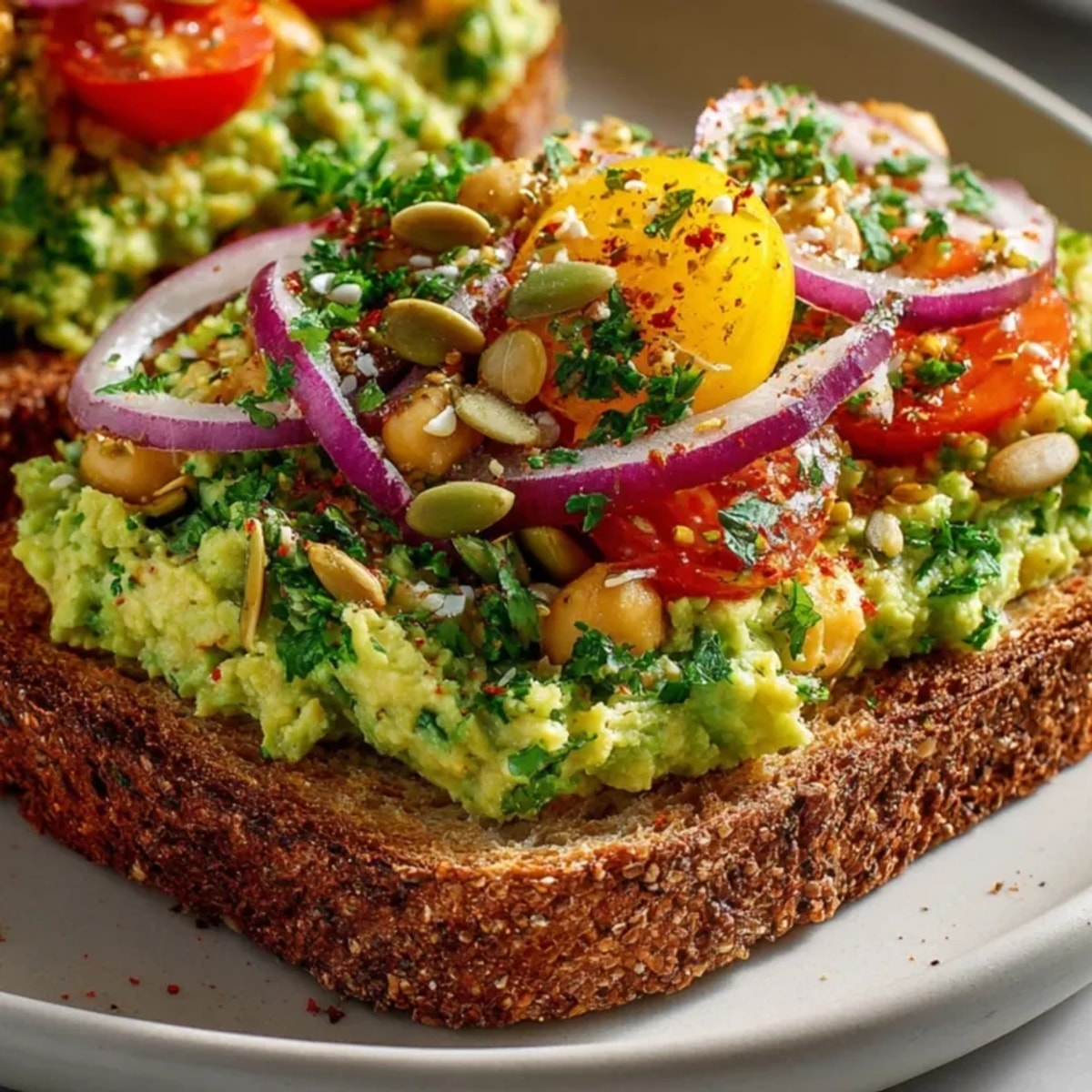 Creamy Avocado Chickpea Mash Toast, drizzled with olive oil, ready for a vibrant brunch.
