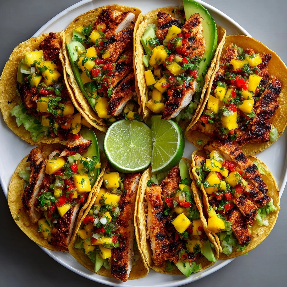 Close-up of Mango Salsa Chicken Tacos showcasing sweet mango chunks and tender grilled chicken.