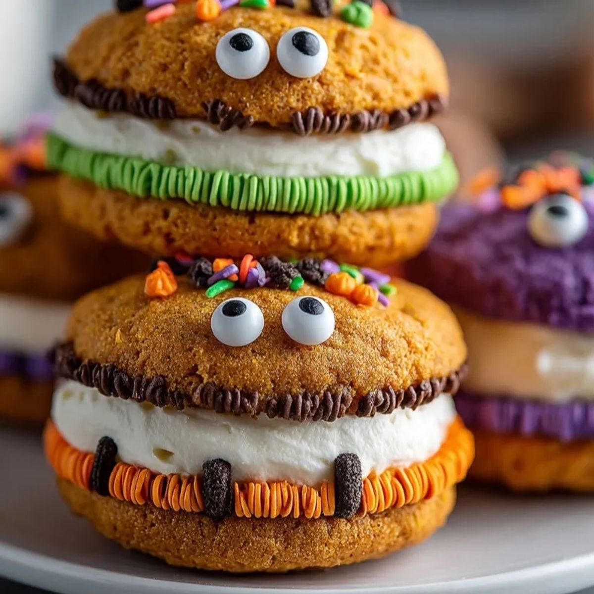 Close-up of whimsical Pumpkin Spice Whoopie Pies with colorful candy monster features.