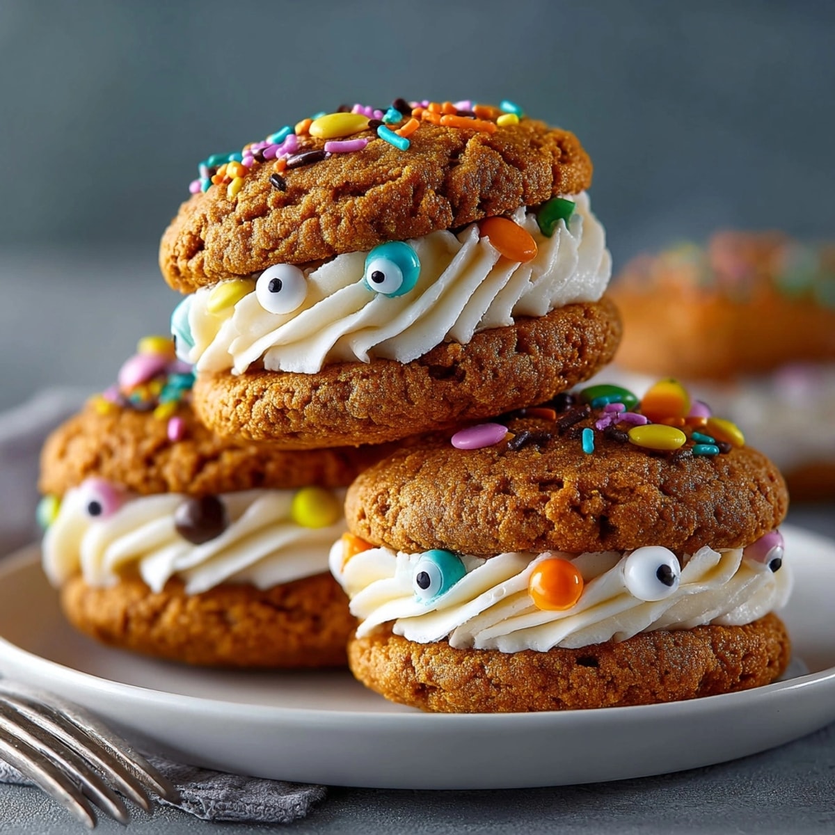 These Pumpkin Spice Whoopie Pies are soft, sweet, and perfect for autumn's spooky fun.