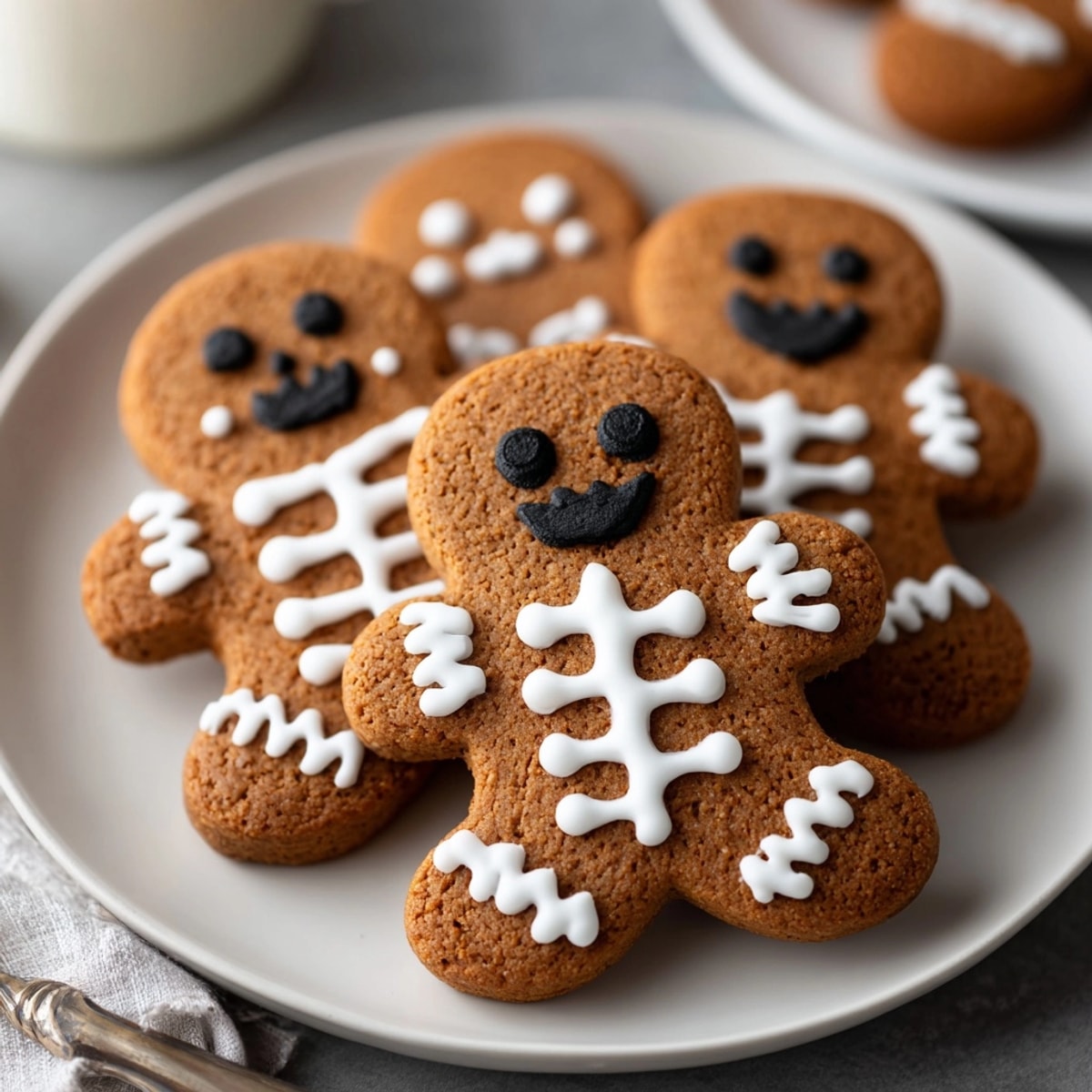 Crisp Skeleton Gingerbread Men Cookies decorated with white icing, a festive Halloween treat.